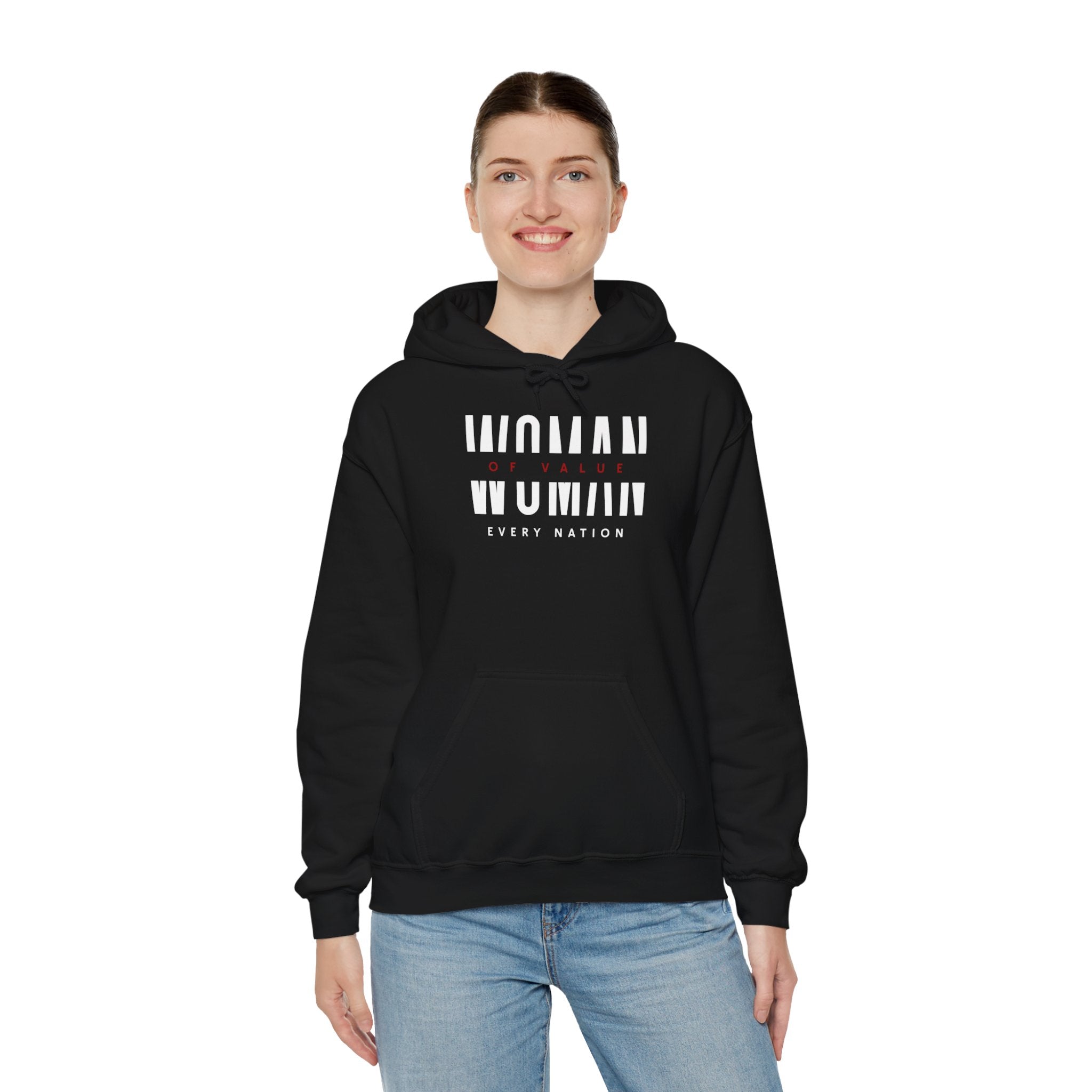 Woman of Value Every Nation Black Unisex Heavy Blend™ Hooded Sweatshirt