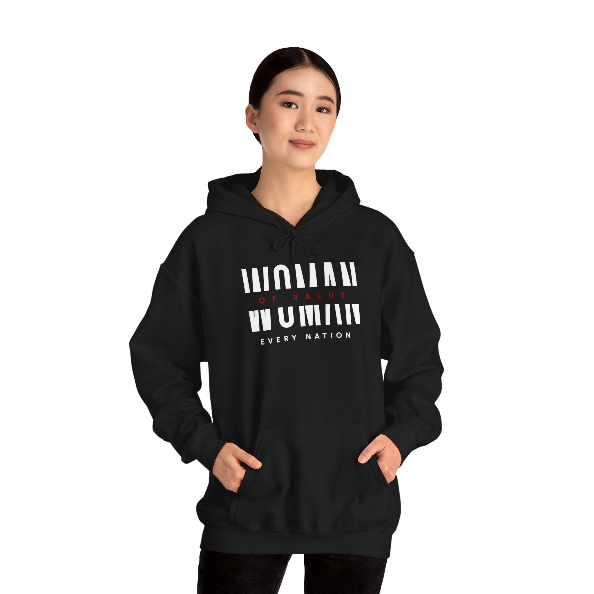 Woman of Value Every Nation Black Unisex Heavy Blend™ Hooded Sweatshirt